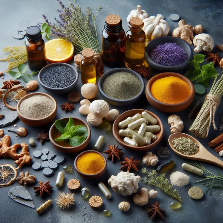 A creative illustration of various herbs, dietary supplements, and nutraceuticals with dosage information and safety symbols, emphasizing thoughtful combinations and health precautions.